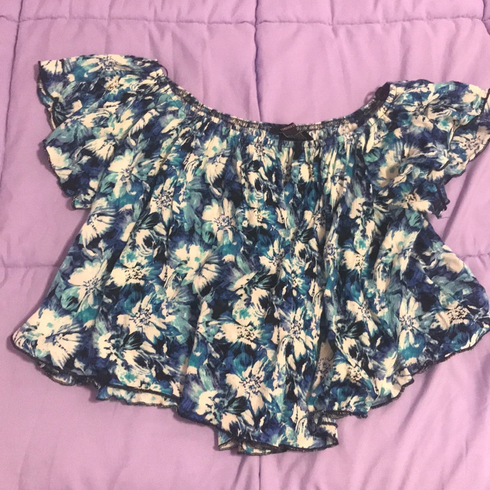 Blue Foral Off-the-Shoulder Flowy Top